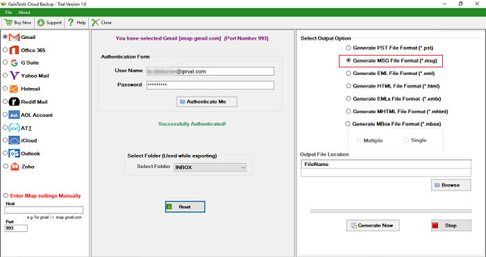 GainTools Backup Gmail to MSG File Tool screenshot