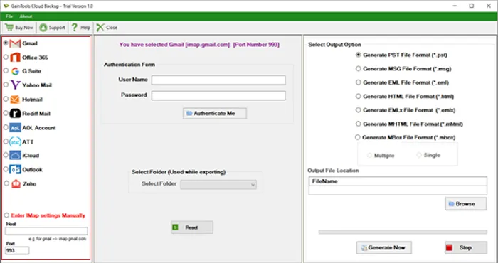 select imap server login